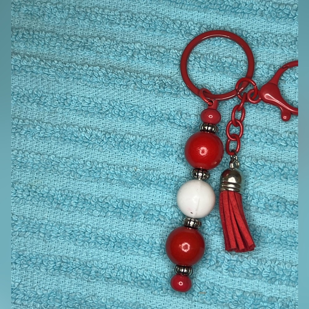 Red and White Beaded Keychain with Tassel